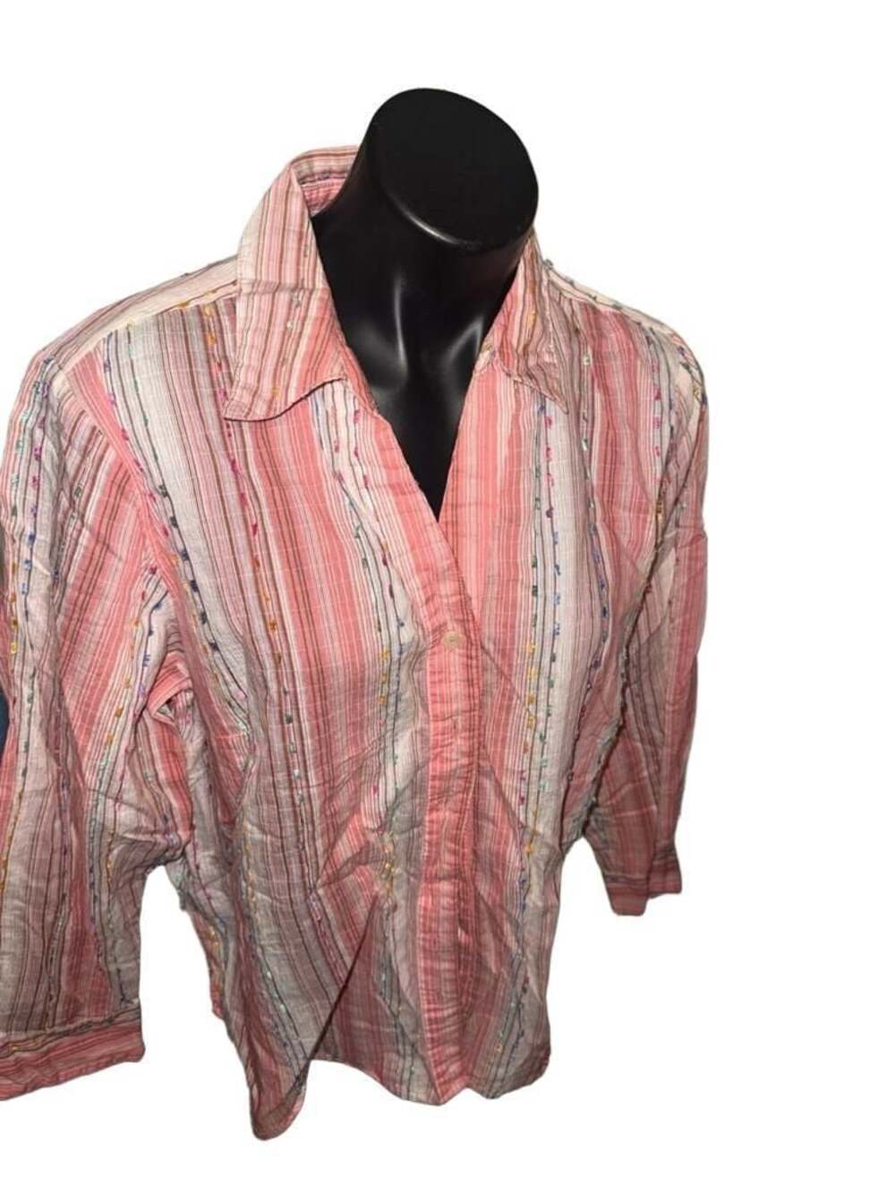 Coldwater Creek Pink Multi Striped Textured Long Sleeve Button-Down Shirt PL